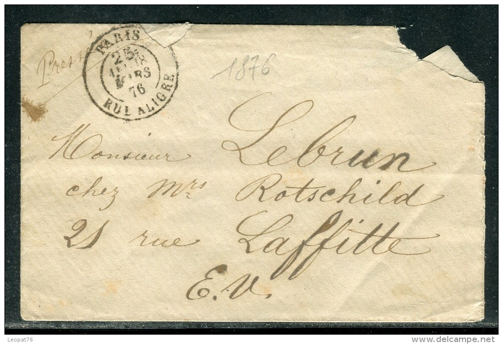 France - Oblitération " Paris Poste Restante 1876 " Au Dos D ' Une Petite Enveloppe De Paris - Réf D 38 - 1849-1876: Classic Period