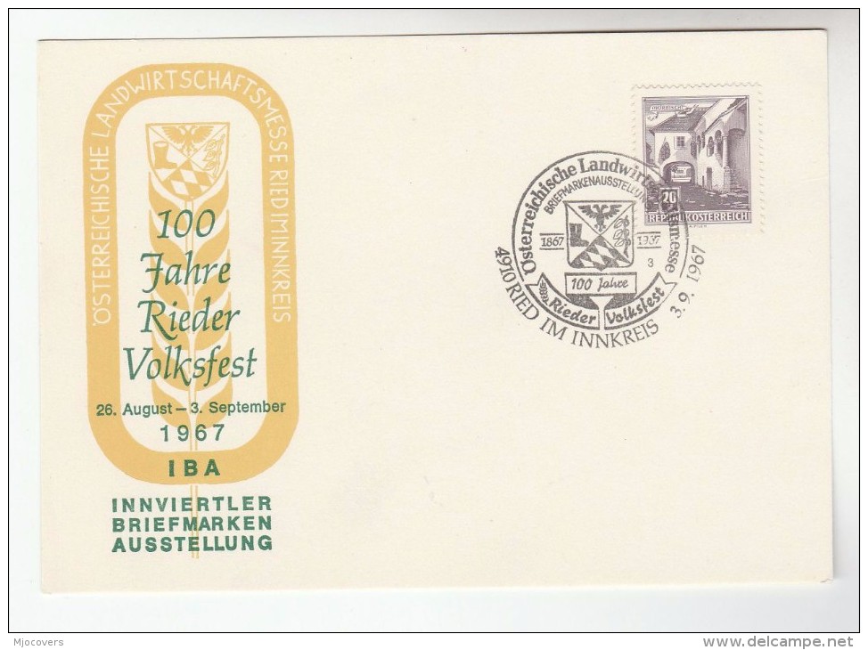 1967  AUSTRIA 100th Anniv RIEDER VOLKSFEST Folk Festival EVENT COVER  Heraldic Card Stamps - Covers & Documents