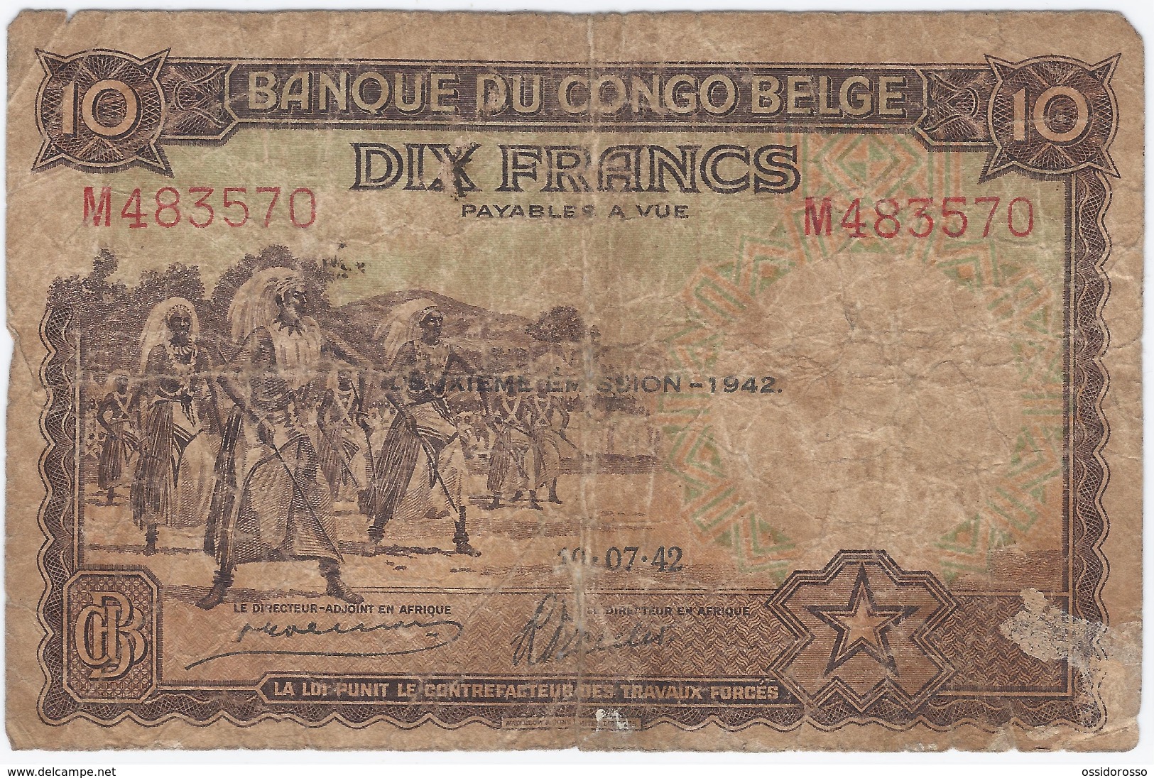 BANQUE DU CONGO BELGE - DIX FRANCS - Deuxième Emission - 1942 - Bank Van Belgisch Kongo