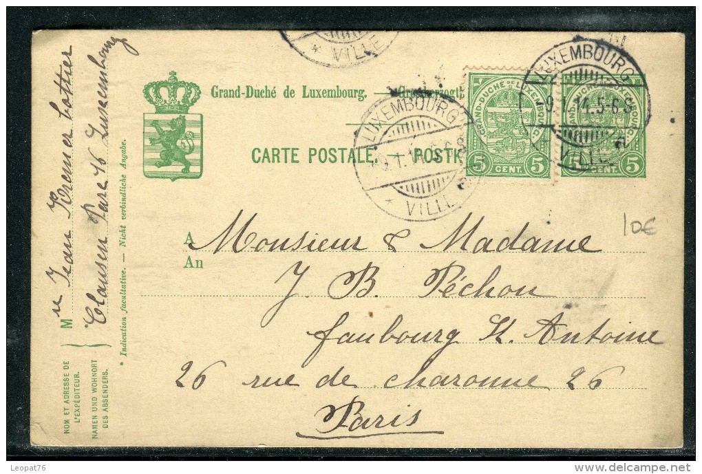 Luxembourg - Entier Postal + Complément Pour Paris En 1914  - Réf D 96 - Entiers Postaux