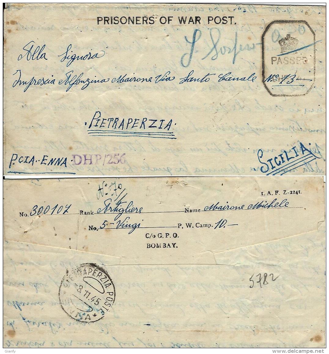 BIGLIETTO CAMPO PRIGIONIERI INDIA POW CAMP 10 BHOPAL 1945 X PIETRAPERZIA - Correo Militar (PM)