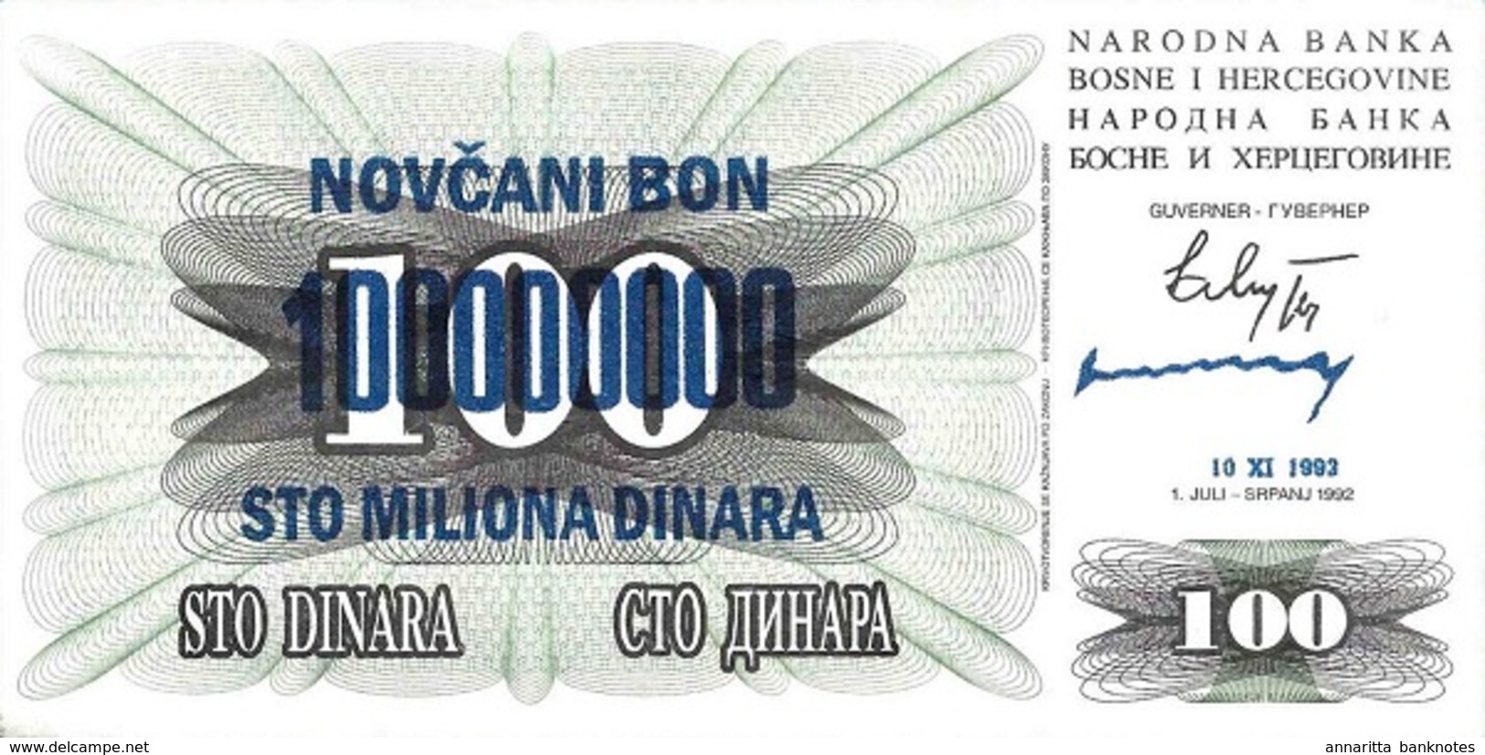 BOSNIA & HERZEGOVINA 100 MILLION DINARA 1993 P-37b AU/UNC [BA037b] - Bosnië En Herzegovina