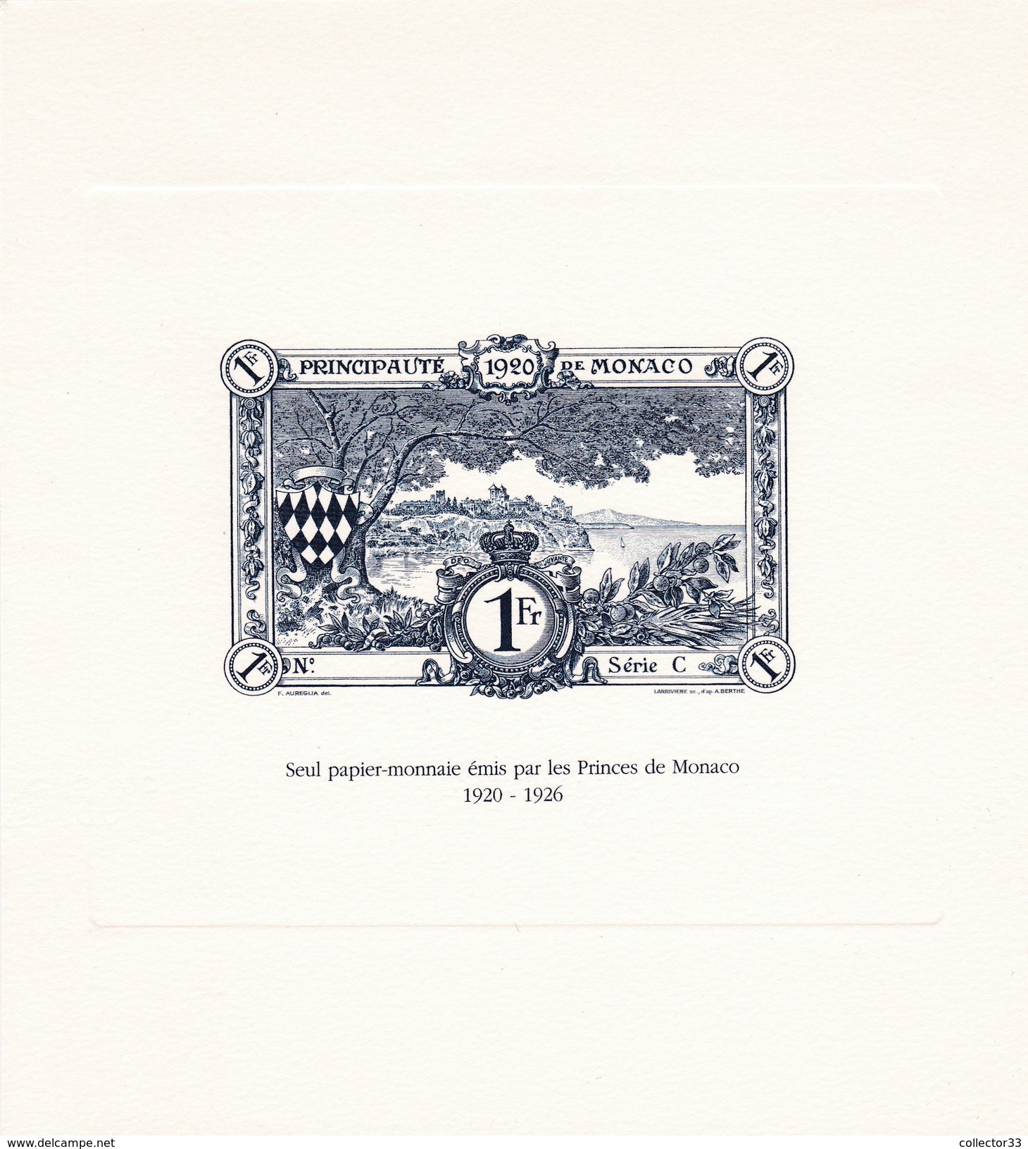 GRAVURE BILLET DE BANQUE 1 FR MONACO 1920 DIM 19x21 CM - Monaco