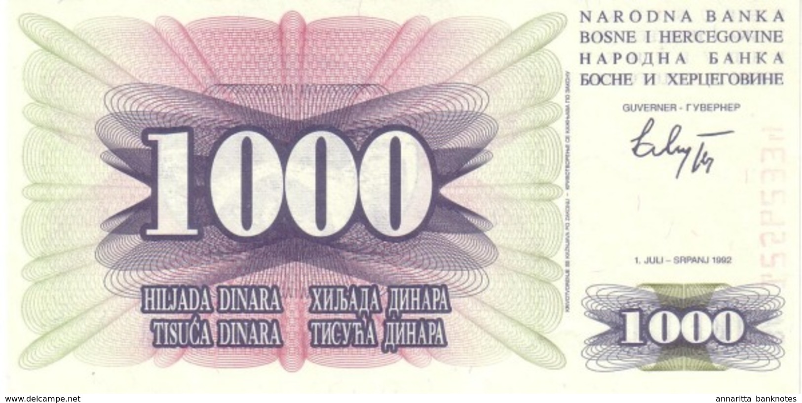 BOSNIA & HERZEGOVINA 1000 DINARA 1992 P-15 UNC  [BA015] - Bosnia And Herzegovina