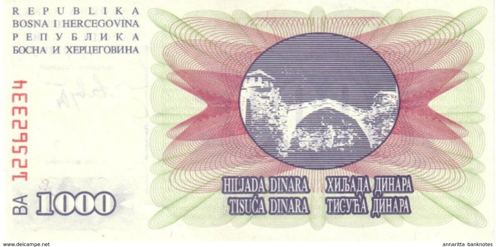 BOSNIA & HERZEGOVINA 1000 DINARA 1992 P-15 UNC  [BA015] - Bosnia And Herzegovina