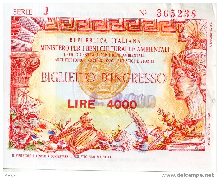 Repubblica Italiana - Ministerio Per I Beni Culturali E Ambientali - Billetto D'ingresso - Lire 4000 Surchargé 8000 - Tickets D'entrée