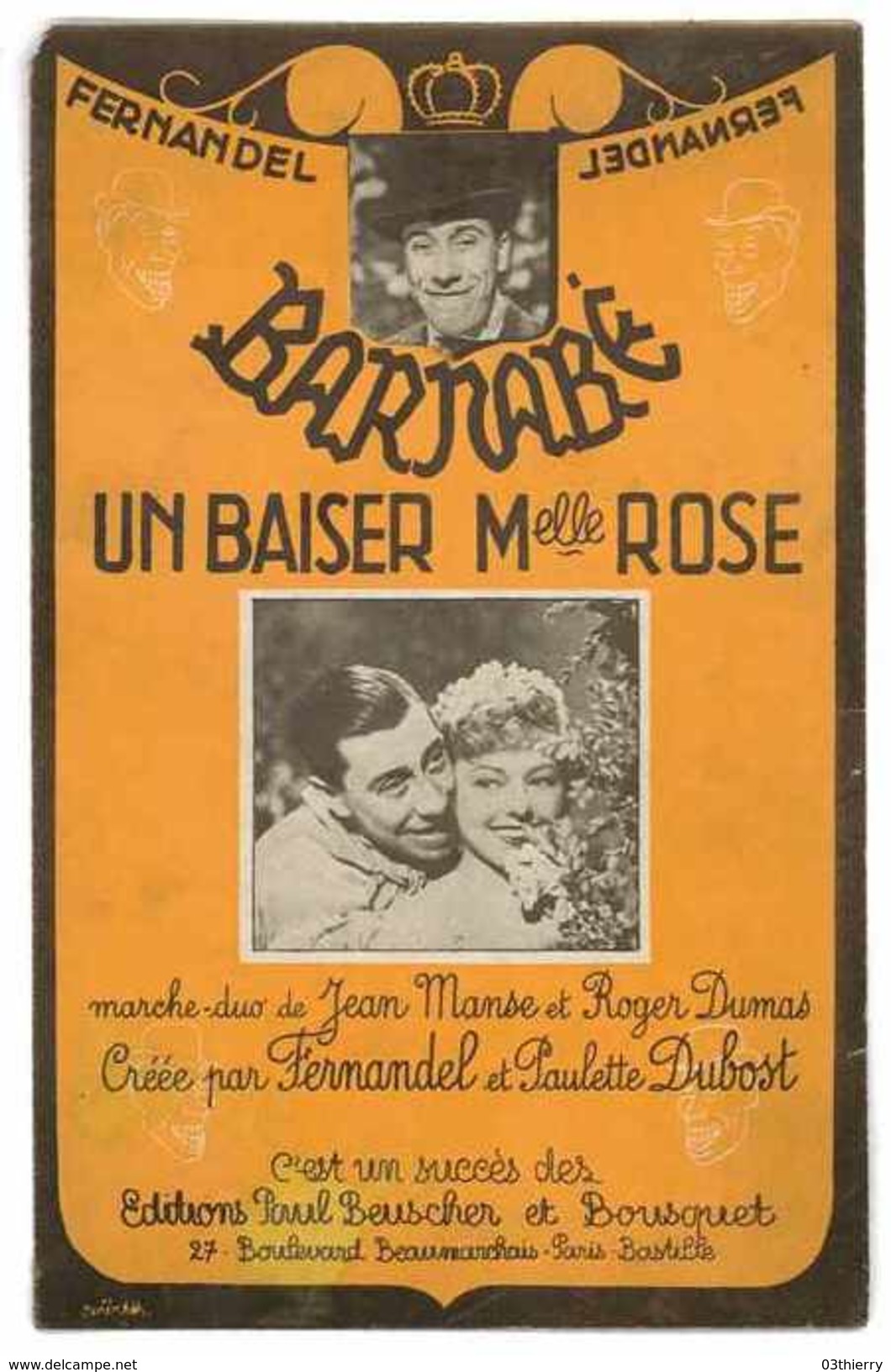 PARTITION DU FILM BARNABE AVEC FERNANDEL CHANSON " UN BAISER Mlle ROSE " MUSIQUE DE ROGER DUMAS - Partitions Musicales Anciennes