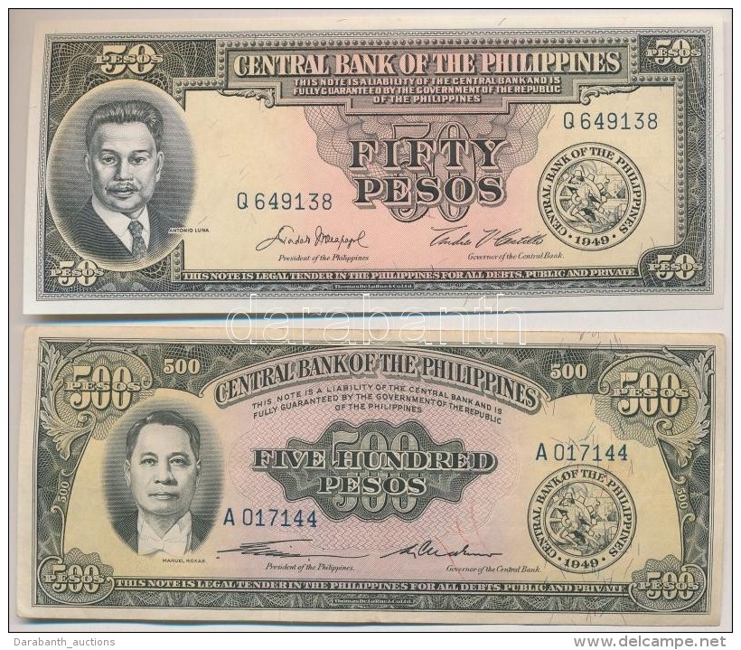 F&uuml;l&ouml;p-szigetek ~1949. 50P + 500P T:I,III
Philippines ~1949. 50 Pesos + 500 Peso C:UNC,F
Krause 138.d;... - Ohne Zuordnung