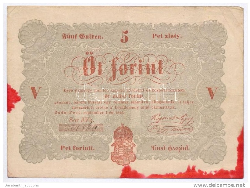 1848. 5Ft 'Kossuth Bank&oacute;' V&ouml;r&ouml;sesbarna, Piros Tintafolttal... - Ohne Zuordnung