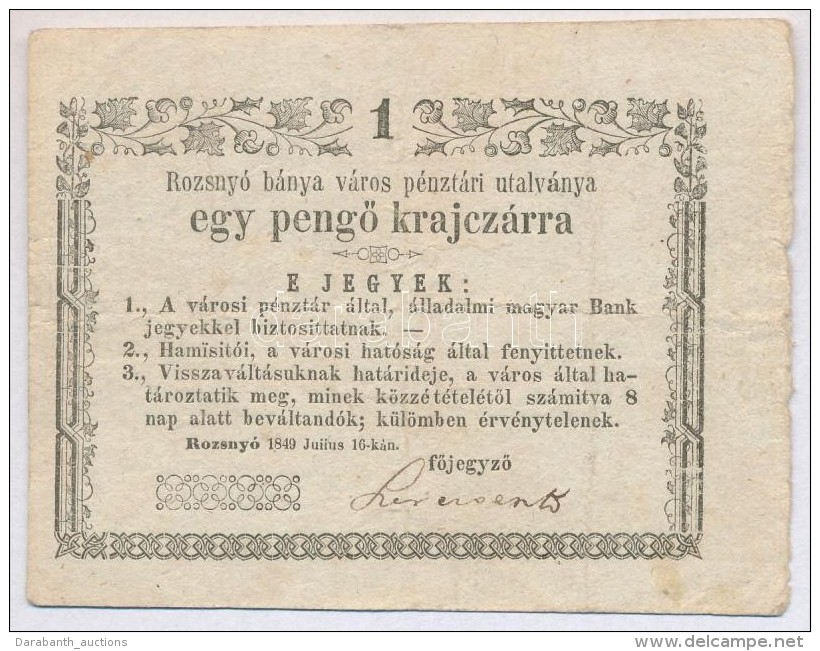 Rozsny&oacute; 1849. 1kr 'Rozsny&oacute; B&aacute;nya V&aacute;ros P&eacute;nzt&aacute;ri Utalv&aacute;nya'... - Non Classés