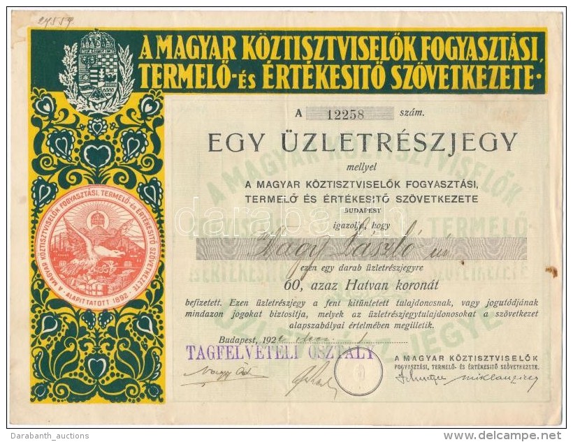 1922. 'Magyar K&ouml;ztisztviselÅ‘k Fogyaszt&aacute;si, TermelÅ‘ &eacute;s &Eacute;rt&eacute;kes&iacute;tÅ‘... - Non Classés