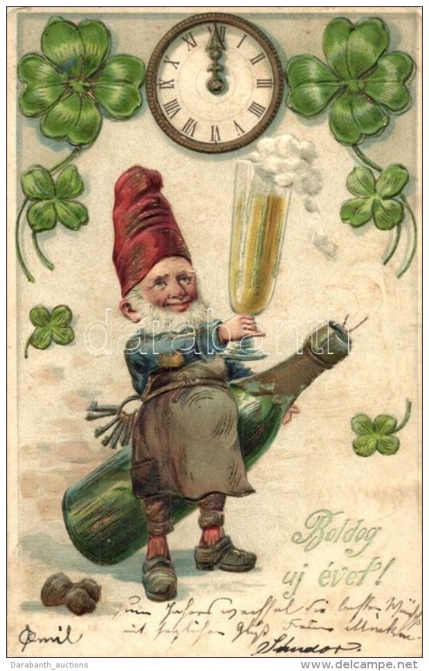 T4 'Boldog &Uacute;j &Eacute;vet!' / New Year Greeting Card With Dwarf And Champagne, Clovers, Emb. Litho... - Non Classés