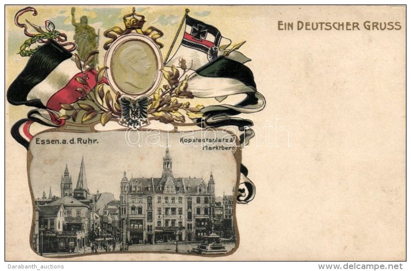 * T2 Essen A. D. Ruhr, Kopstadtsplatz, Marktberg / Square With Shops, Wilhelm II, Flags, Coat Of Arms, Emb. Litho - Zonder Classificatie