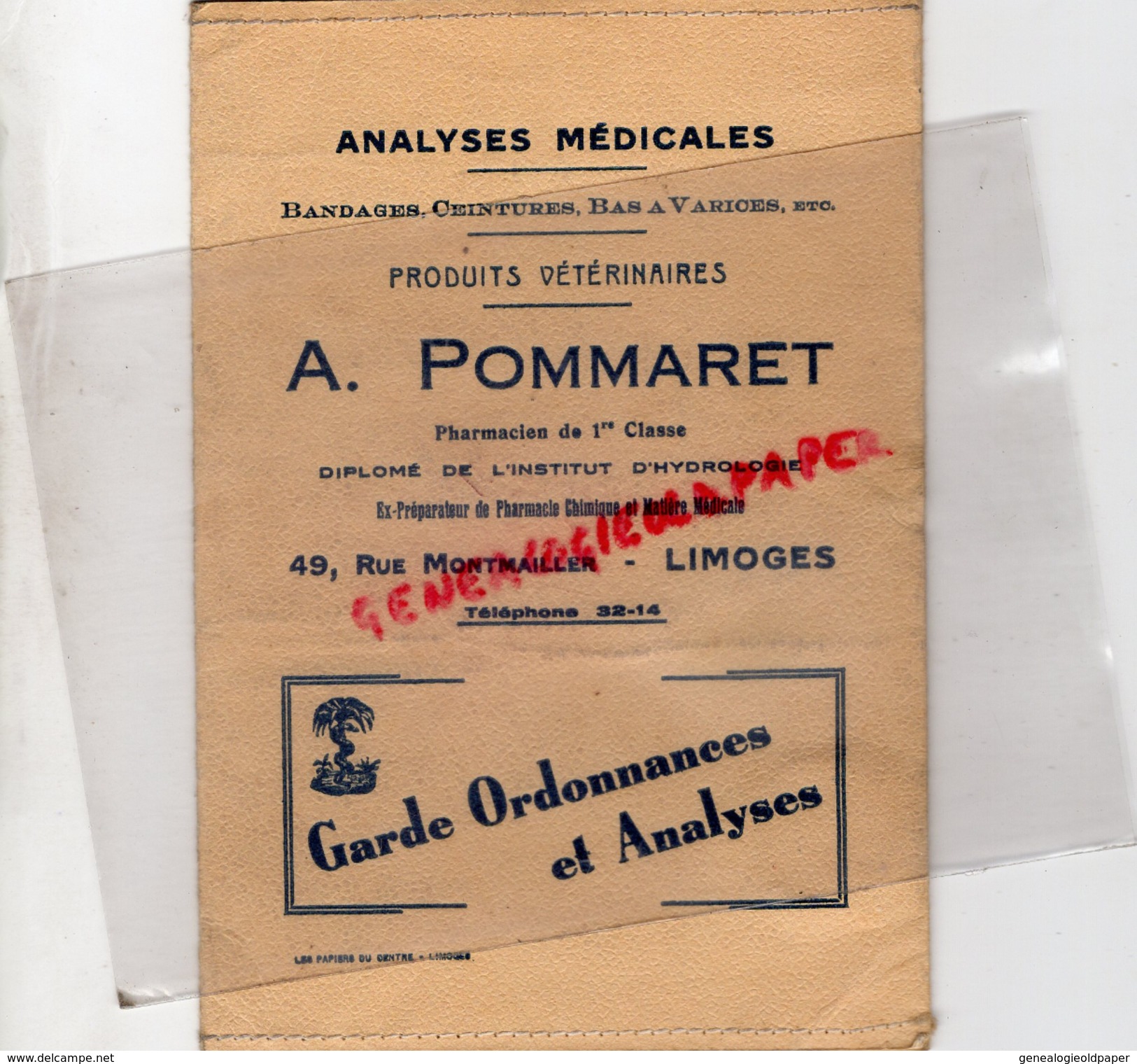 87 - LIMOGES - CARNET TOILE RIGIDE ET COUSU- A. POMMARET -PHARMACIE- PHARMACIEN-HYDROLOGIE-49 RUE MONTMAILLER- LEMOVICES - 1950 - ...