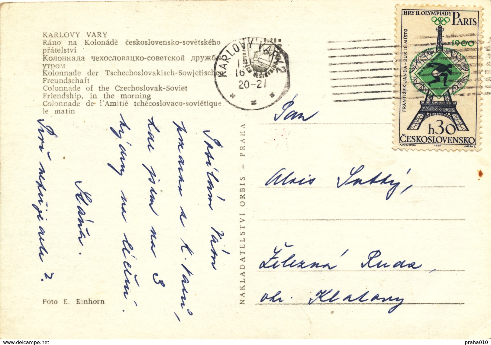 L1875 - Czechoslovakia (1965) Karlovy Vary 2 (postcard: Spa Karlovy Vary); Tariff: 30h (stamp:Olympic Games 1900 Paris) - Zomer 1900: Parijs