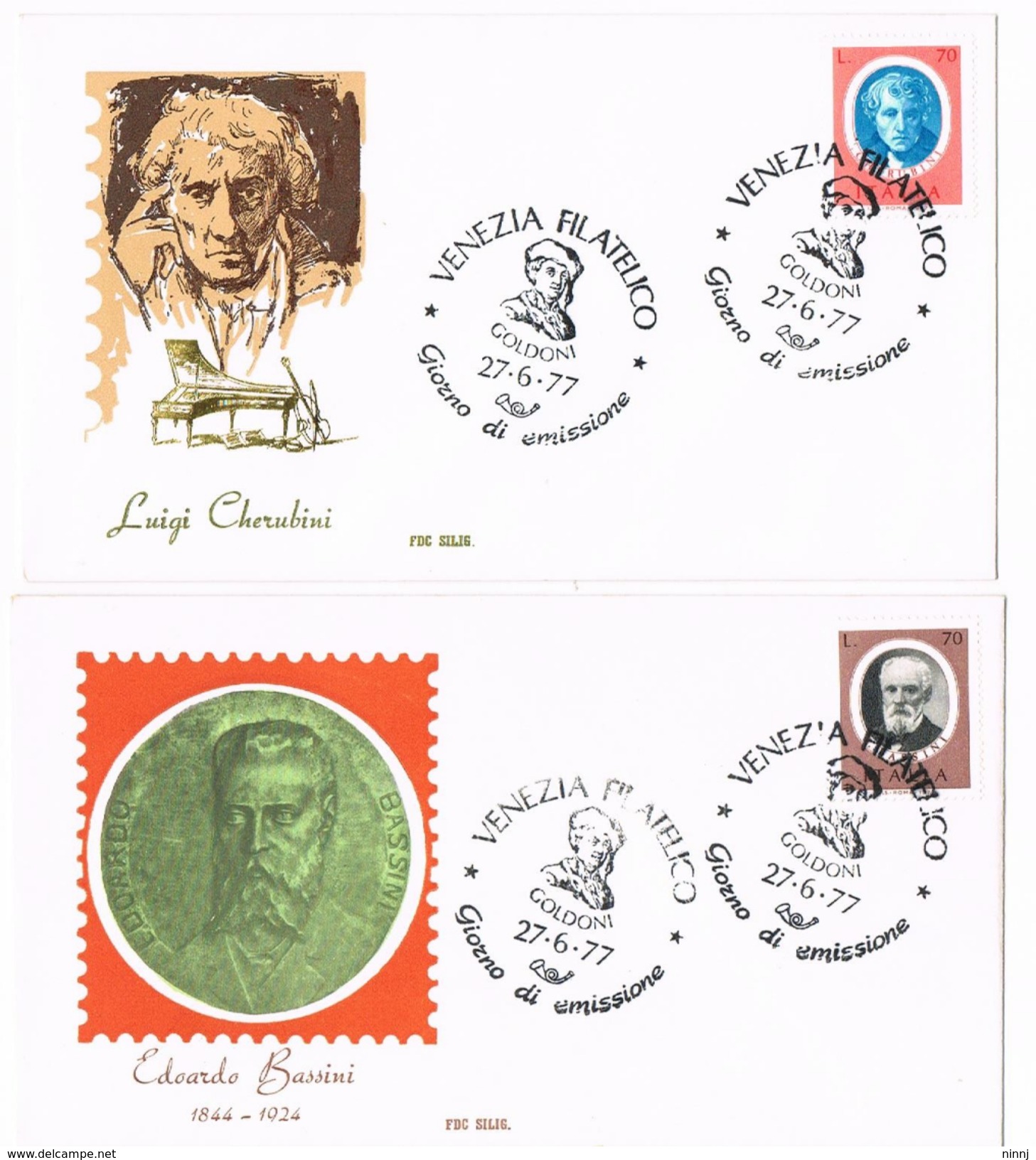 176- Italia 2 FDC 27.6.77 Artisti  £.70 Luigi Cherubini + £.70 Edoardo Bassini Annullo Venezia Filatelico Goldoni - FDC