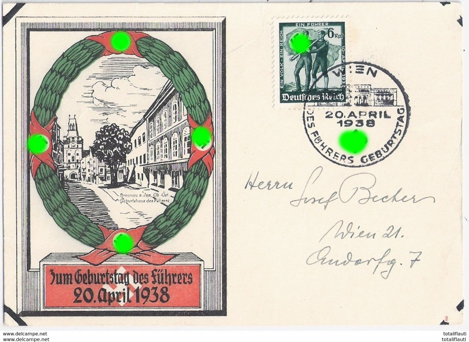 Wien Braunau Inn Color Sonderkarte 49. Geburtstag Leader Hitler Swastika Loorberkranz Sonderstempel WIEN 10. April 1938 - Covers & Documents