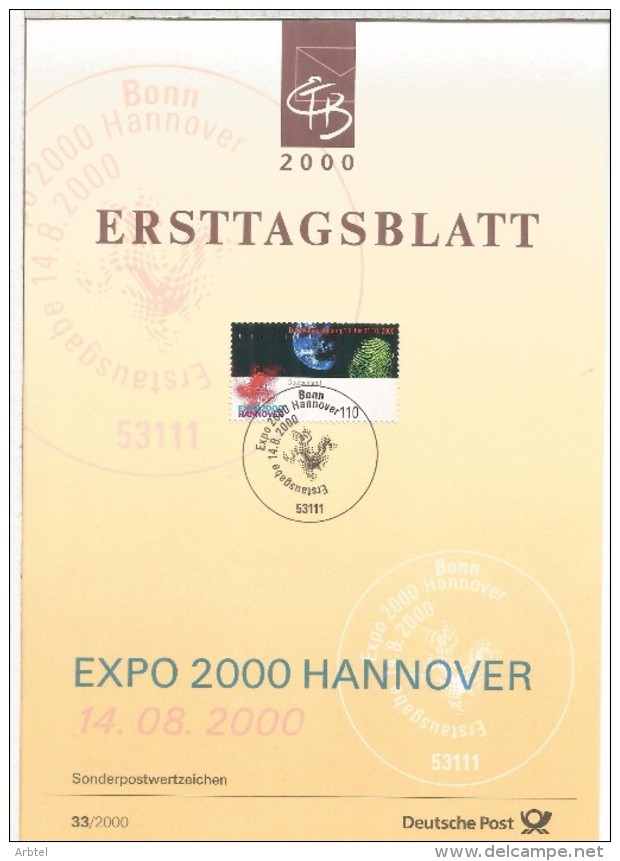 ALEMANIA DOCUEMENTO CON MAT PRIMER DIA 2000 EXPO HANNOVER EXPOSICION UNIVERSAL - 2000 – Hannover (Deutschland)