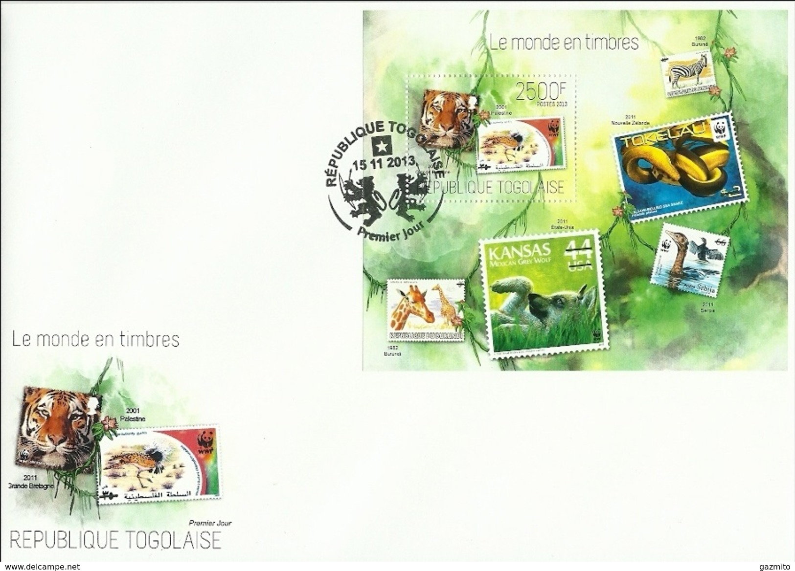 Togo 2013, Stamp On Stamp, WWF, Tiger, Snakes, Giraff, Ducks, BF In FDC - FDC