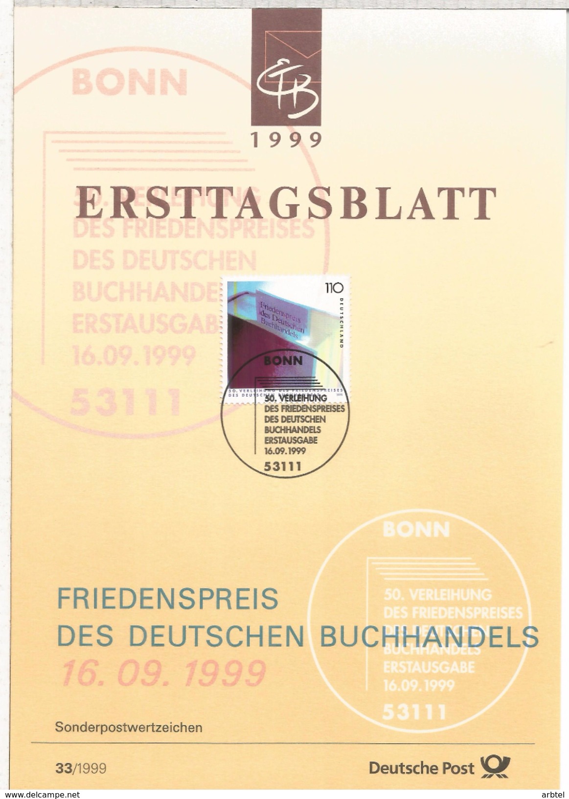 ALEMANIA DOCUMENTO CON MAT PRIMER DIA 1999 FRIEDENSPREIS DES DEUTSCHEN BUCHHANDLES - Otros & Sin Clasificación