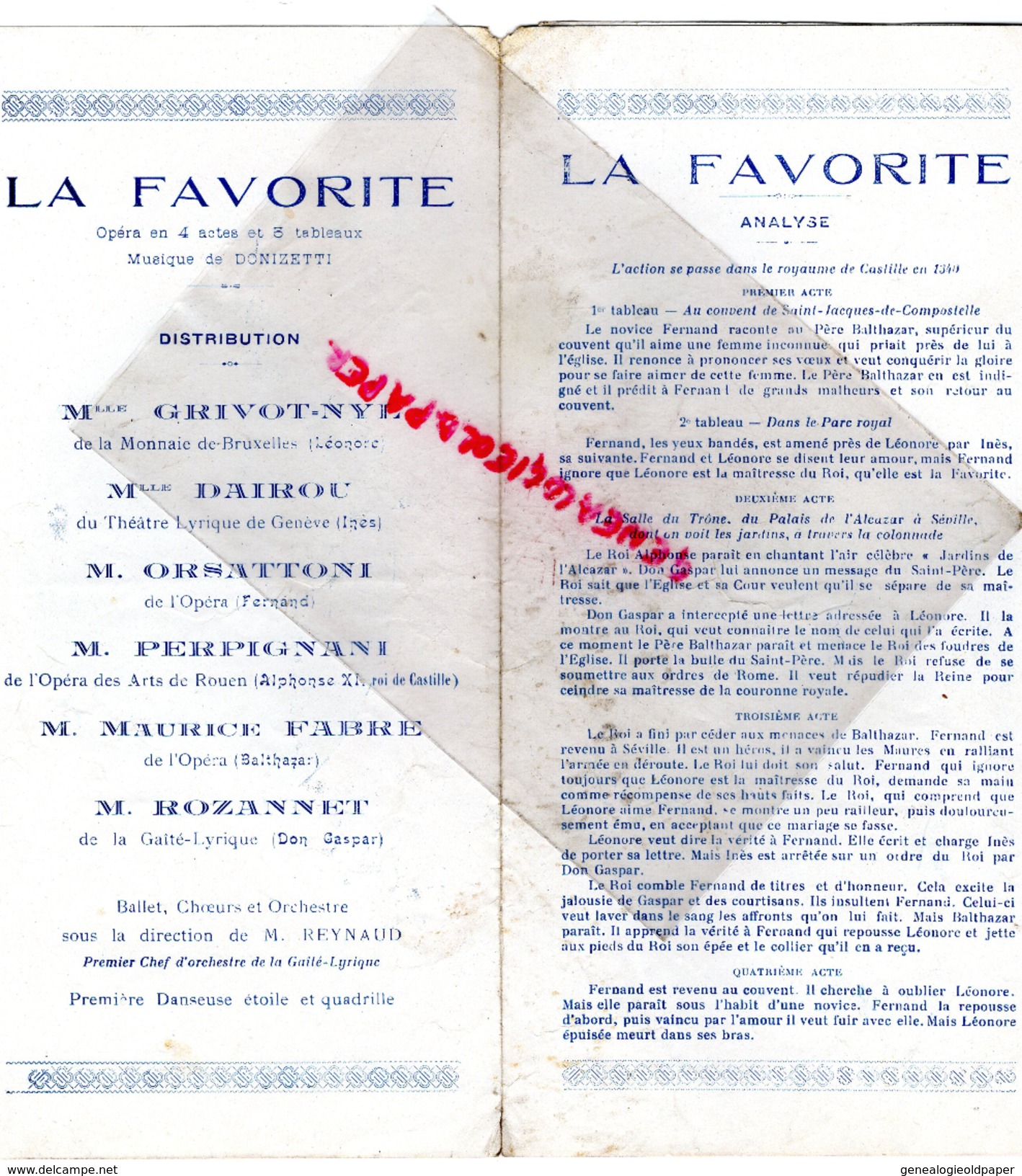 75- PARIS - PROGRAMME OPERA - LA FAVORITE DONIZETTI-M.SYLVES-MLLE GRIVOTNYL-MLLE DAIROU-ORSATTONI-PERPIGNANI-ROZANNET - Programs