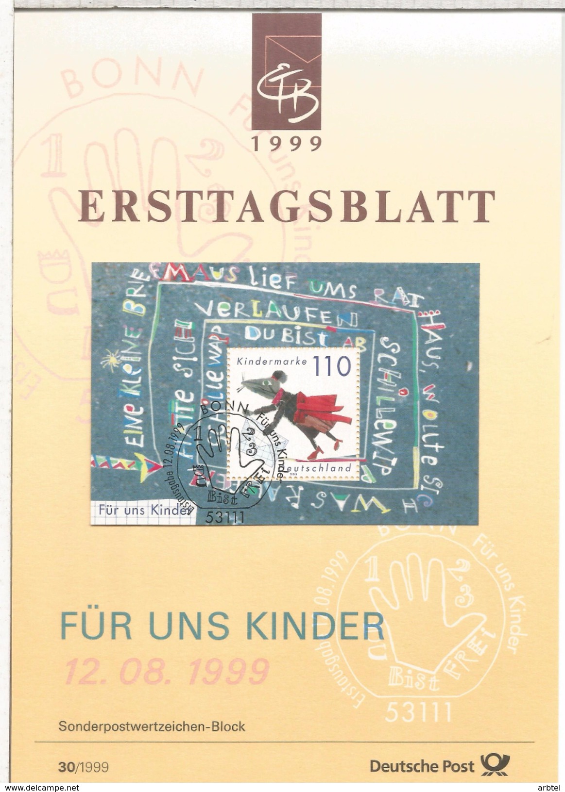 ALEMANIA DOCUMENTO CON MAT PRIMER DIA 1999 PRO INFANCIA NIÑO CUENTO - Fairy Tales, Popular Stories & Legends