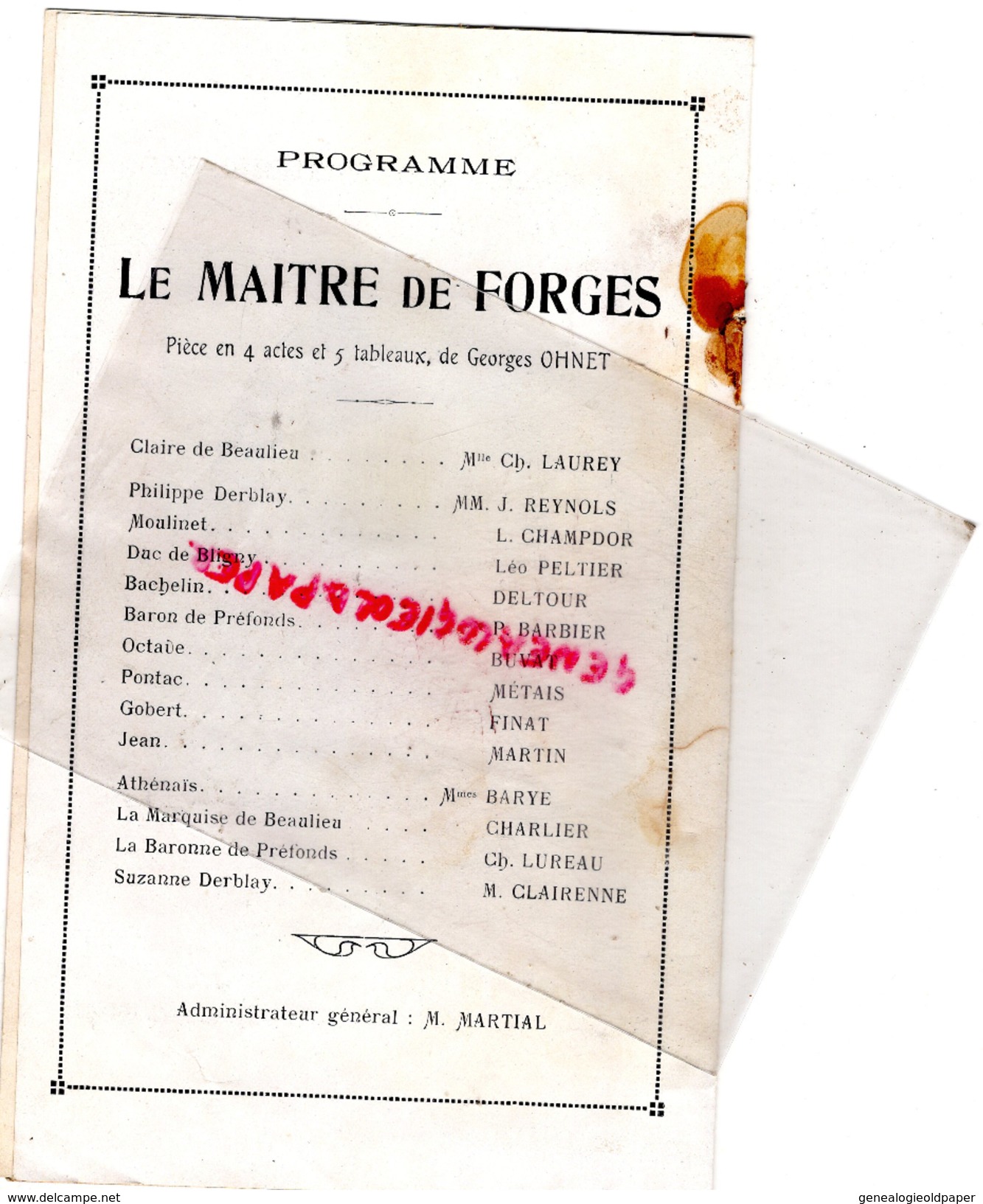 75- PARIS - PROGRAMME THEATRE PORTE SAINT MARTIN- LE MAITRE DE FORGES-GEORGES OHNET-CH. LAUREY-LEHMANN-CHAMPDOR-PELTIER- - Programme
