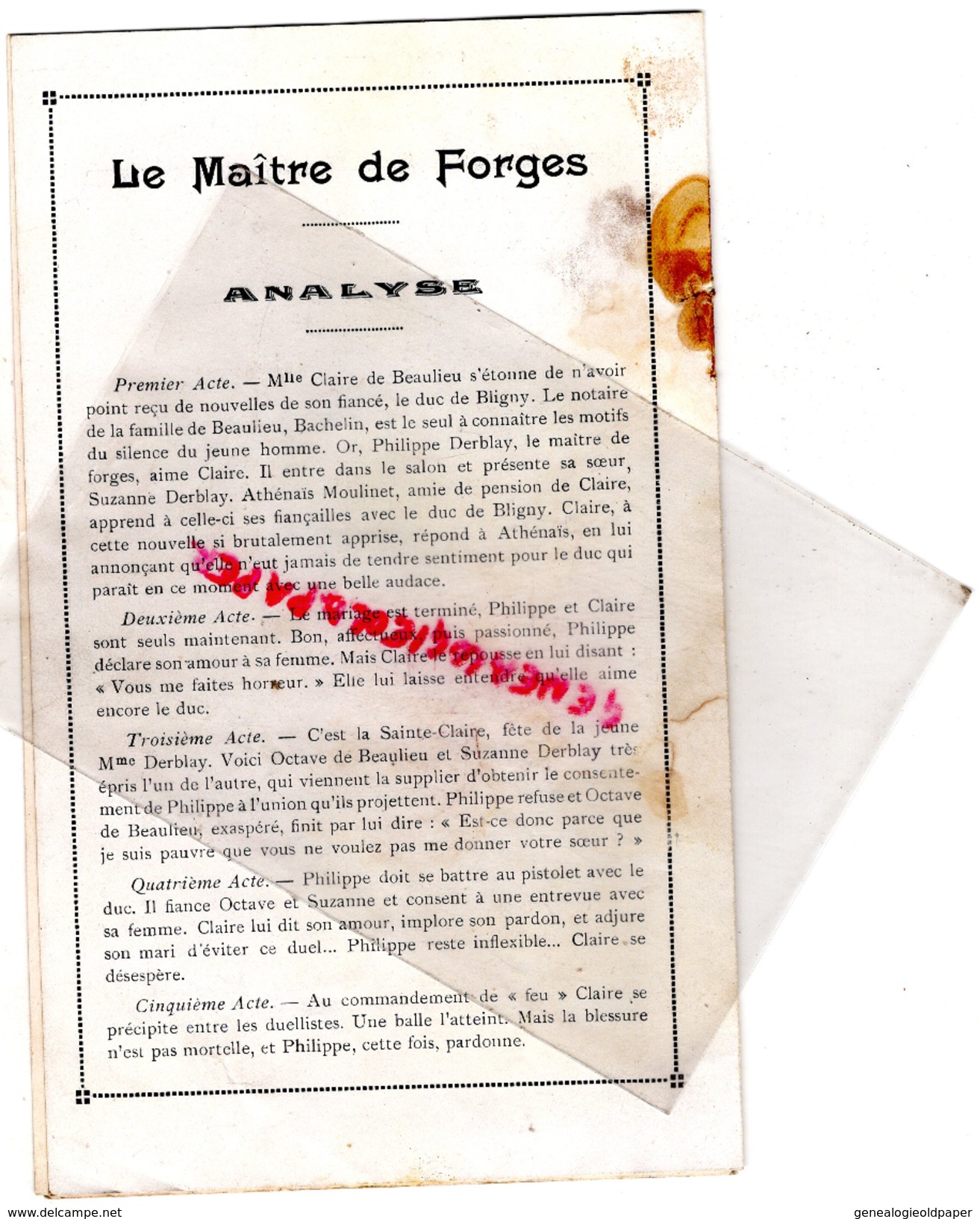 75- PARIS - PROGRAMME THEATRE PORTE SAINT MARTIN- LE MAITRE DE FORGES-GEORGES OHNET-CH. LAUREY-LEHMANN-CHAMPDOR-PELTIER- - Programme