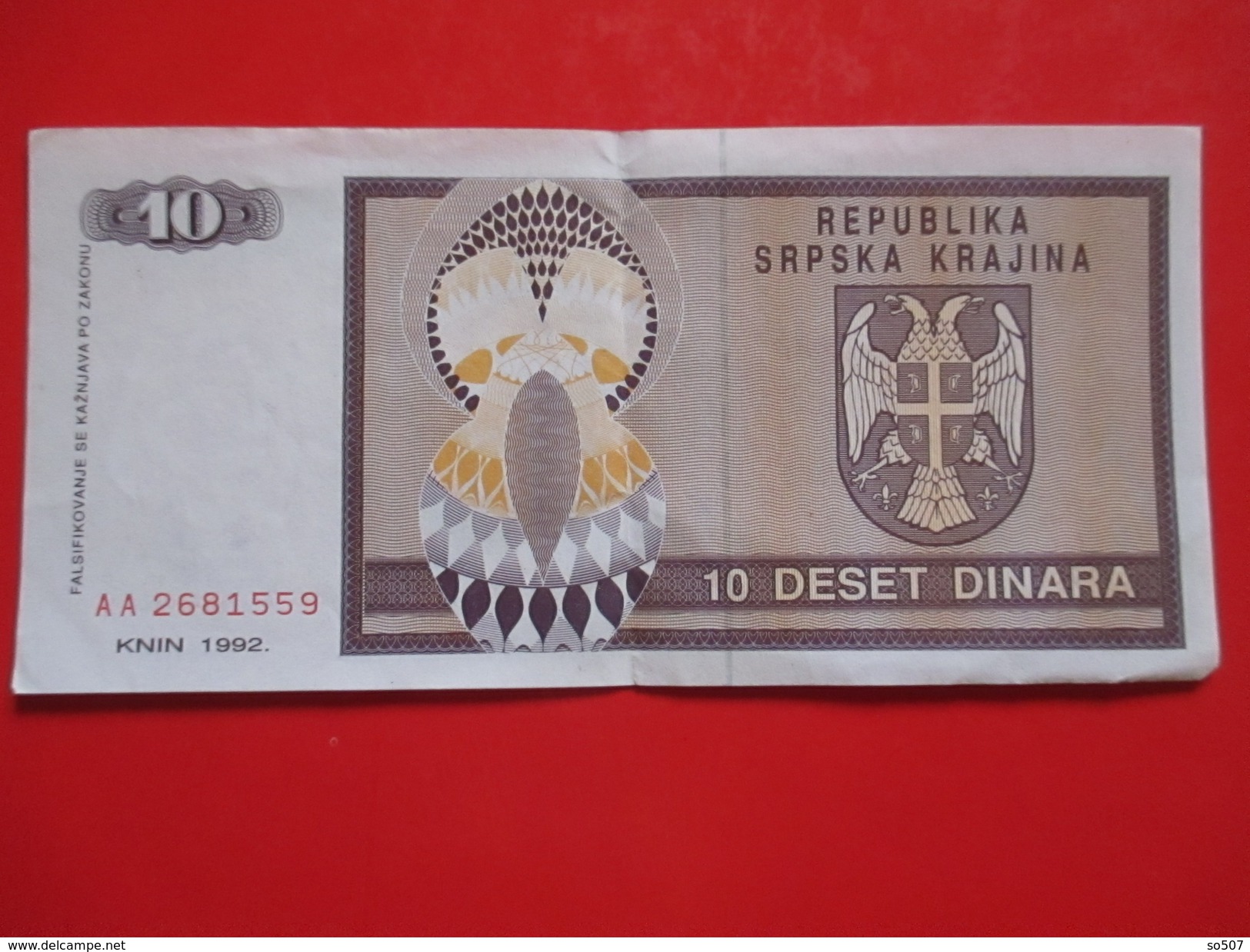 X1- 10 Dinara 1992. Republic Of Serbian Krajina, Knin -Circulated Banknote - Croatia