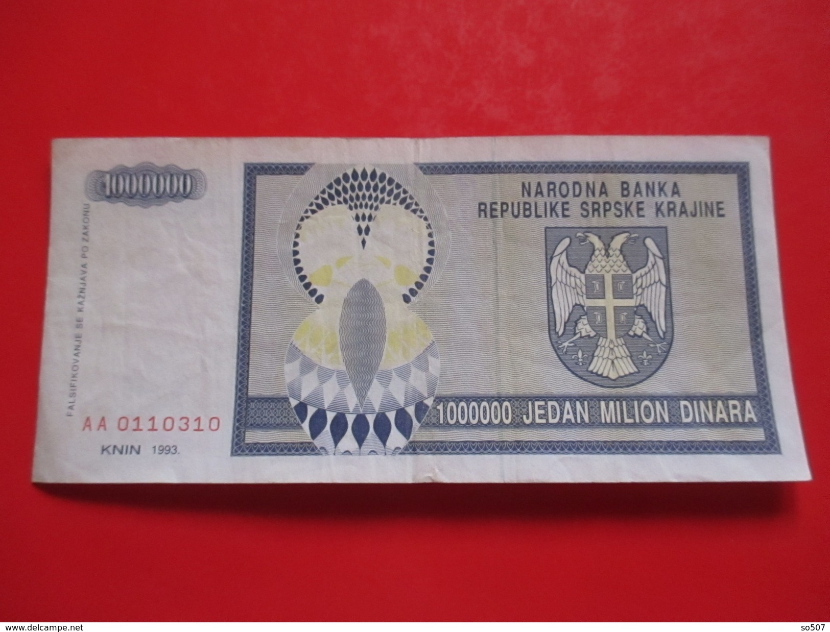 X1- 1 000 000 Dinara 1993. Republic Of Serbian Krajina, Knin-One Million Dinars -Circulated Banknote - Croatia