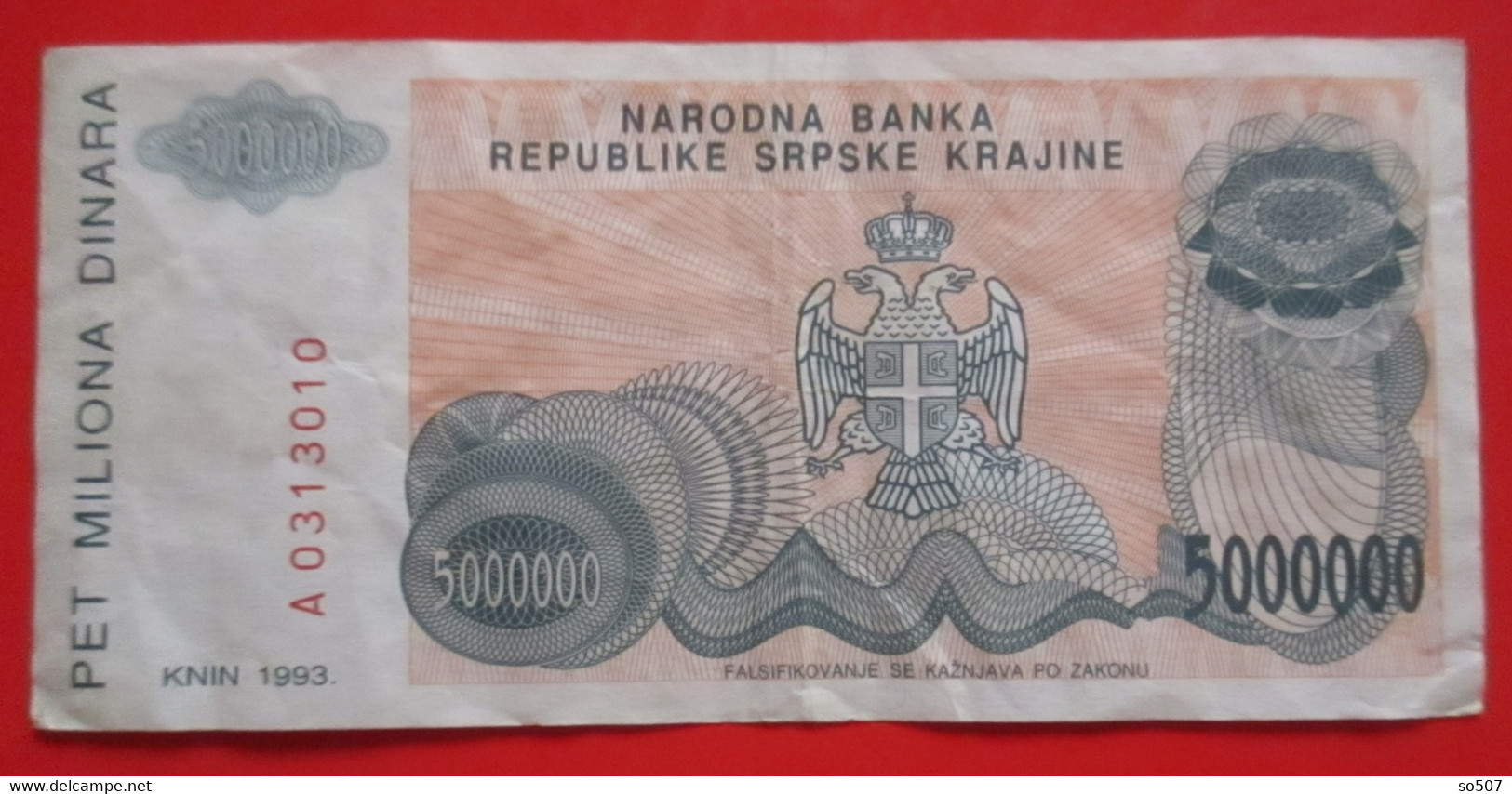 X1- 5 000 000 Dinara 1993.Croatia, Republic Of Serbian Krajina, Knin, Fortress- Five Million Dinars, Circulated Banknote - Croatie