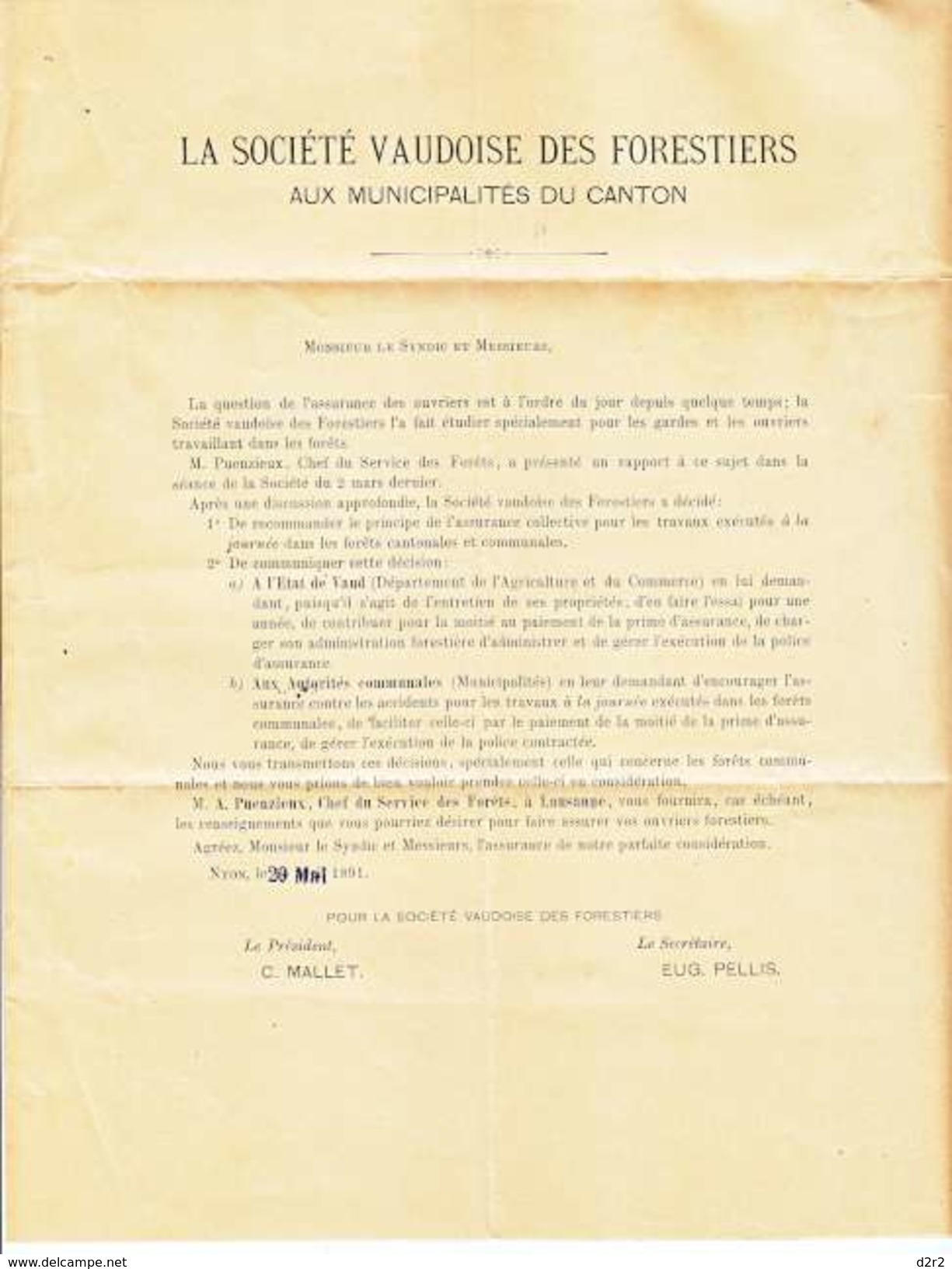 LETTRE  A LA MUNICIPALITE DE VALLORBE - V/IMAGES - NYON 21.5.91 -NUM 58A - Cartas & Documentos