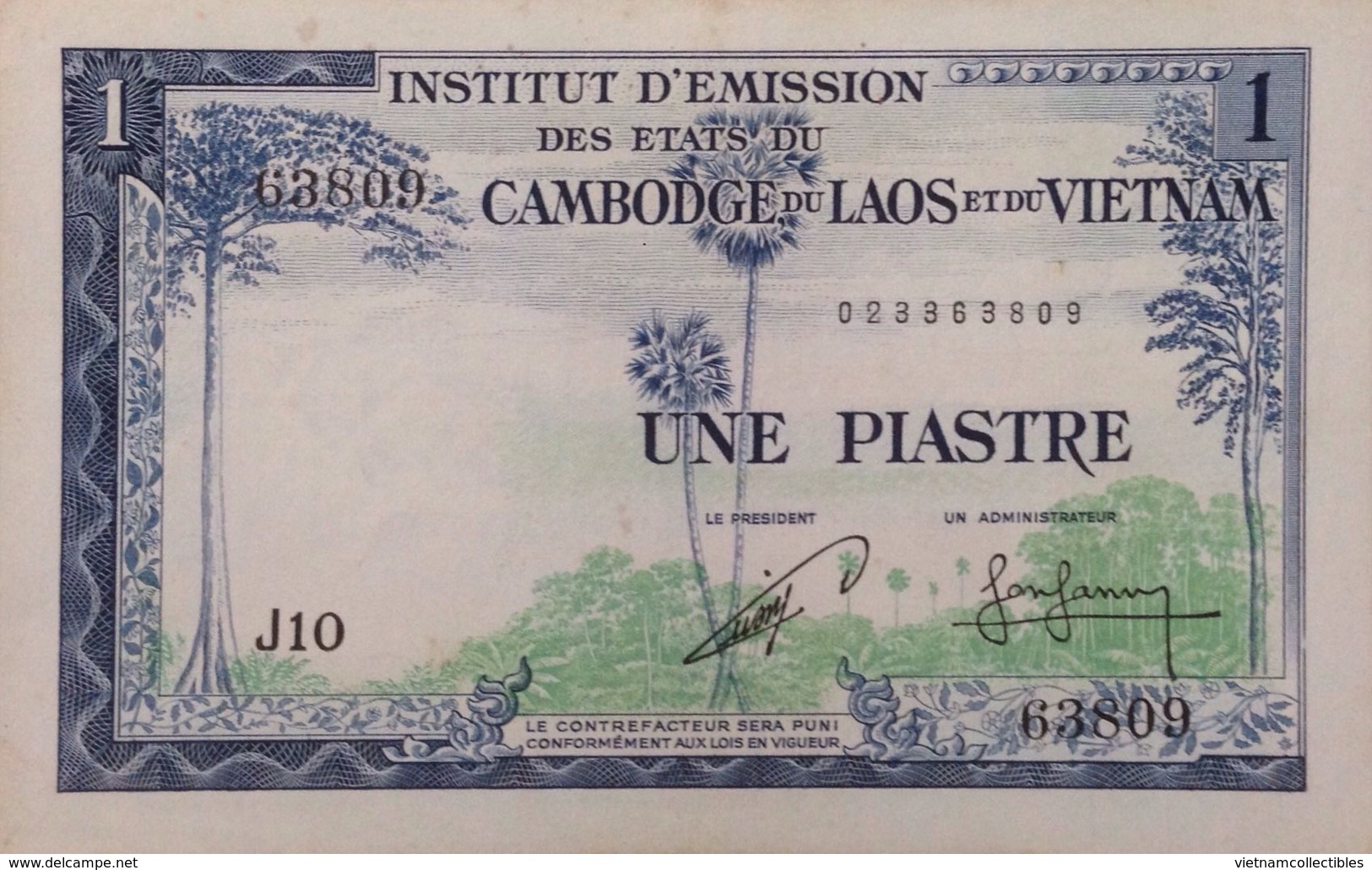 French Indochine Indochina Vietnam Viet Nam Laos Cambodia 1 Piastre AU Banknote 1954 - Pick # 94 / 02 Photos - Indochine