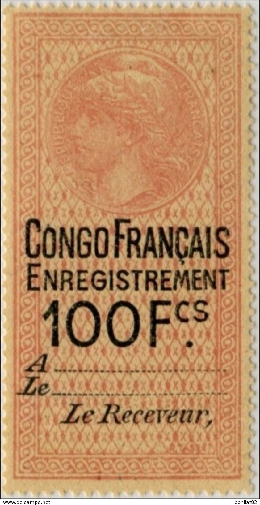 !!! CONGO FISCAL N°16. TIMBRE D&rsquo;ENREGISTREMENT 100 F ROUGE-ORANGE (1905), NEUF CHARNIERE TRES PROPRE - Ongebruikt