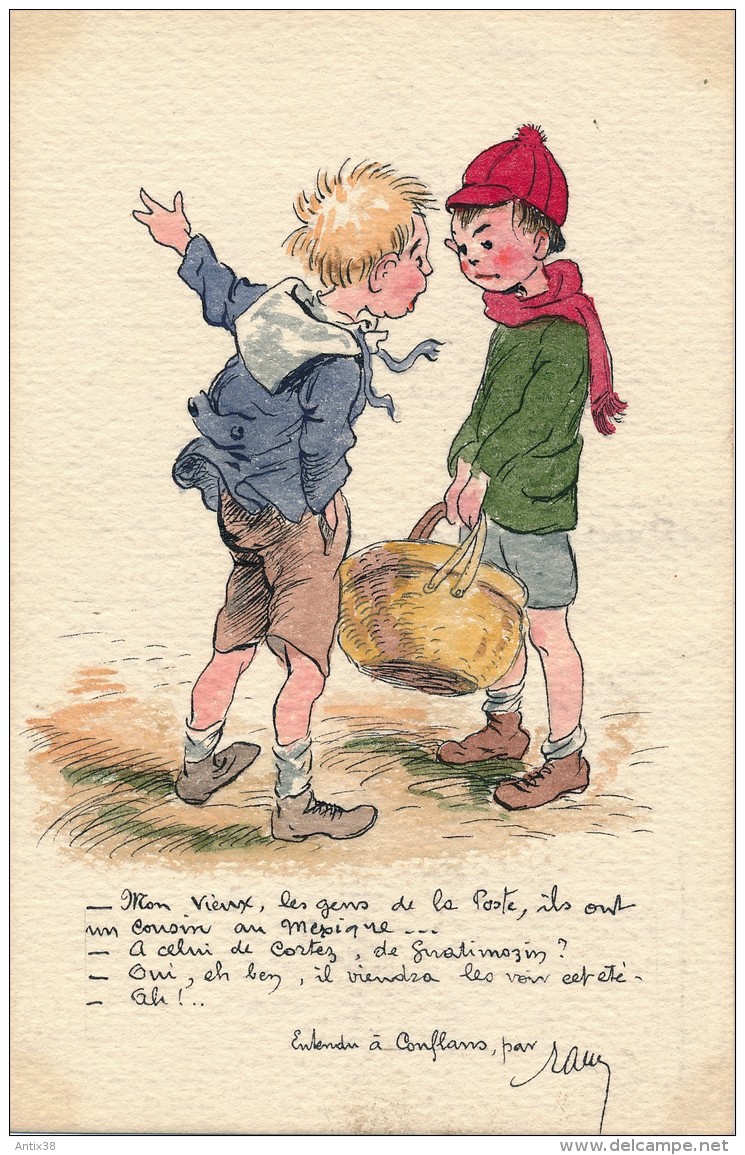 Carte Originale Peinte Aquarelle - Les Deux Enfants - Signé Raumy - Acquarelli