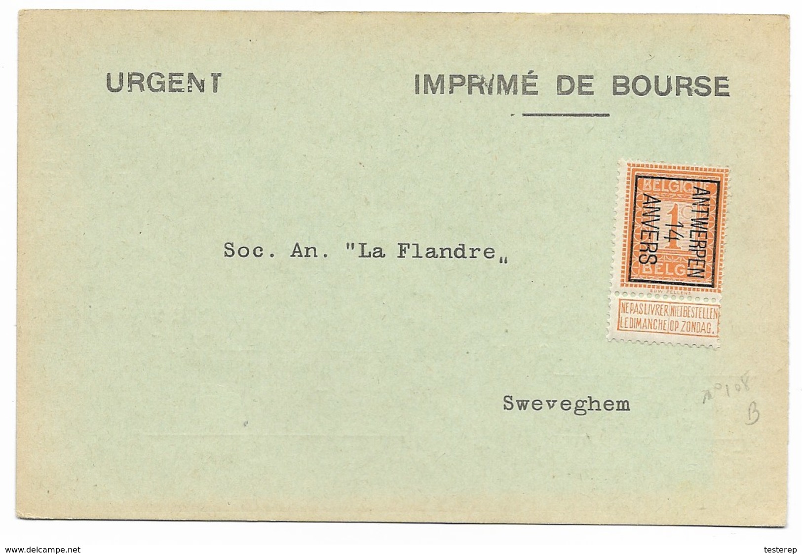 ANTWERPEN    14  ANVERS     N° 108  Op Drukwerk   9  X 14 Cm - Sobreimpresos 1912-14 (Leones)