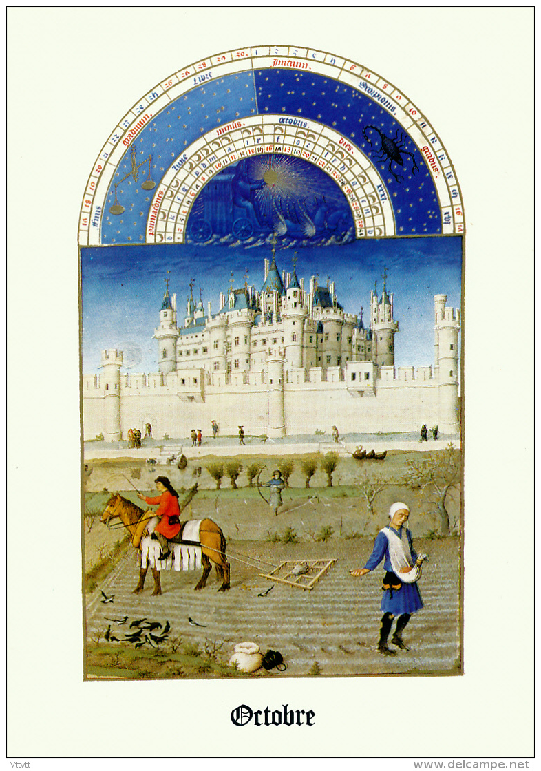 Les Tres Riches Heures Du Duc De BERRY, Musee Conde Chantilly, Octobre, Semailles, Le Louvre, Corbeaux, Zodiac, 2 Scans - Paintings