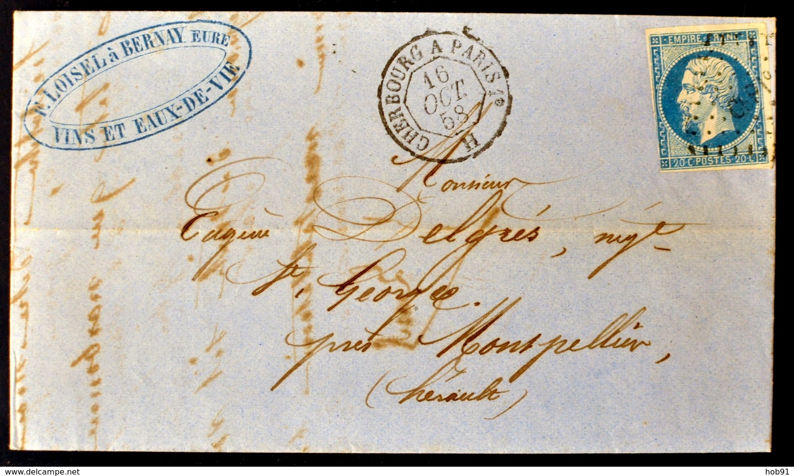 Lettre - Napoleon N°14 - Losange ChP1° + Ambulant De Jour Cherbourg à Paris 1er H (CL 1031) - 1849-1876: Période Classique