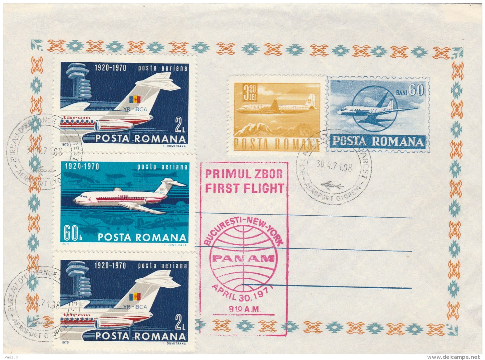 #BV6284  PLANE,FIRST FLIGHT,PANAM,NEW YORK,AIRMAIL COVER WITH STAMPS, 1971,ROMANIA. - Covers & Documents