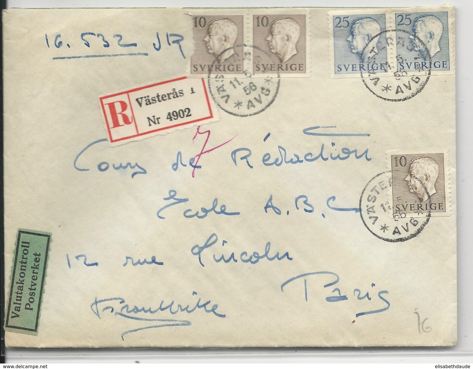 SUEDE - 1956 - ENVELOPPE RECOMMANDEE De VÄSTERAS Avec CONTROLE Des VALEURS (DOUANE) => PARIS - Briefe U. Dokumente