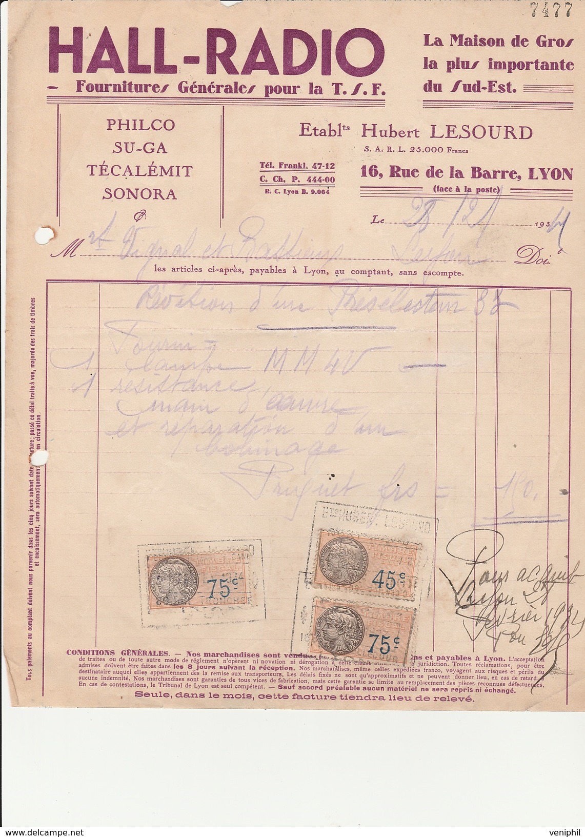 FACTURE HALL-RADIO 69 LYON - ANNEE 1934 - Altri & Non Classificati