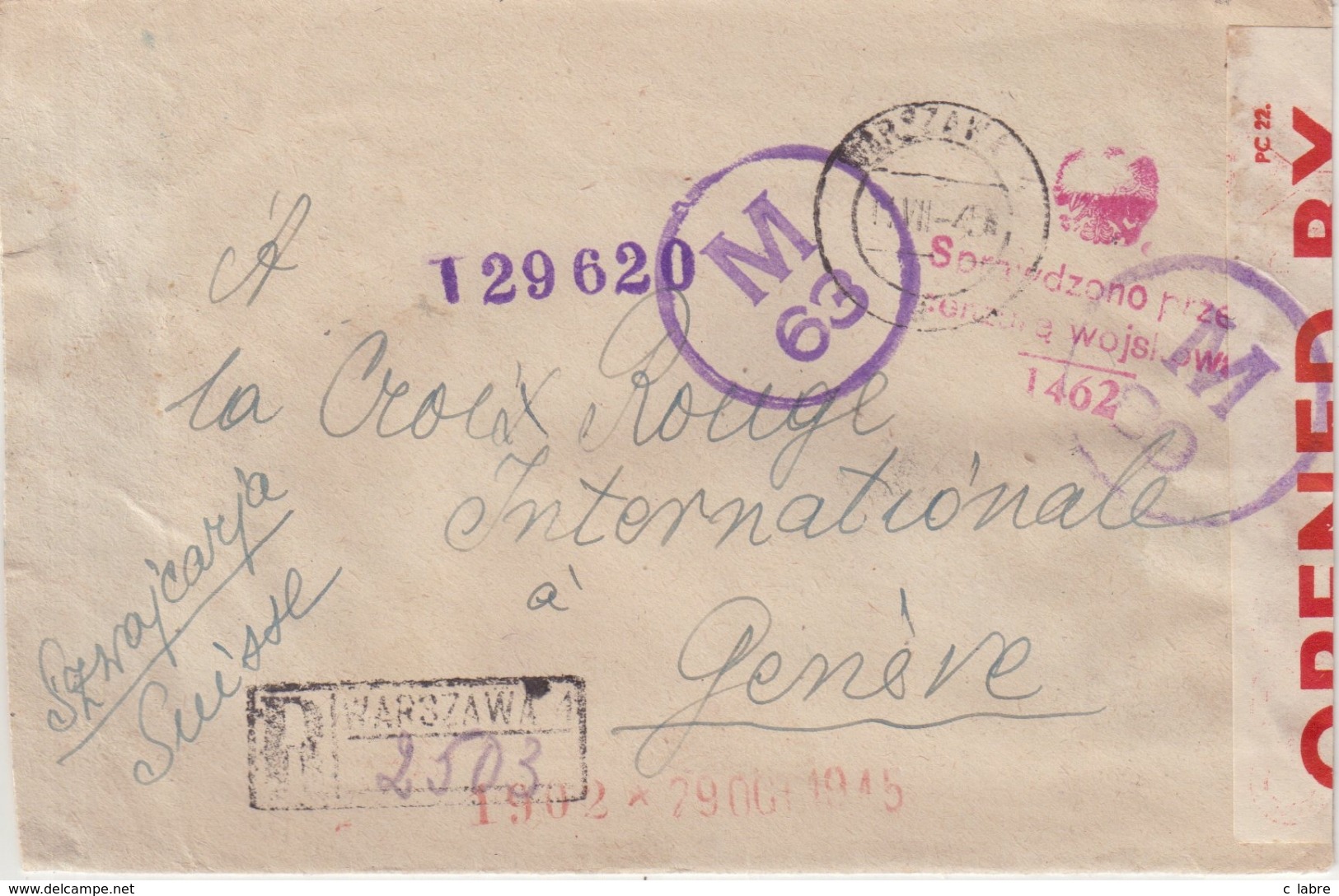 POLOGNE : POUR LE CICR . A " GENEVE " . DIVERSES CENSURES . 1945 . - Sonstige & Ohne Zuordnung