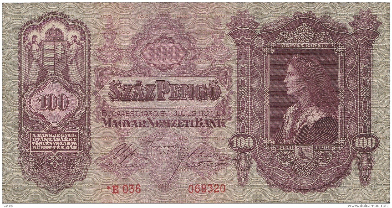 100 PENGO, MATTHIAS REX, MATYAS KIRALY, 1930, PAPER BANKNOTE, HUNGARY. - Hongrie