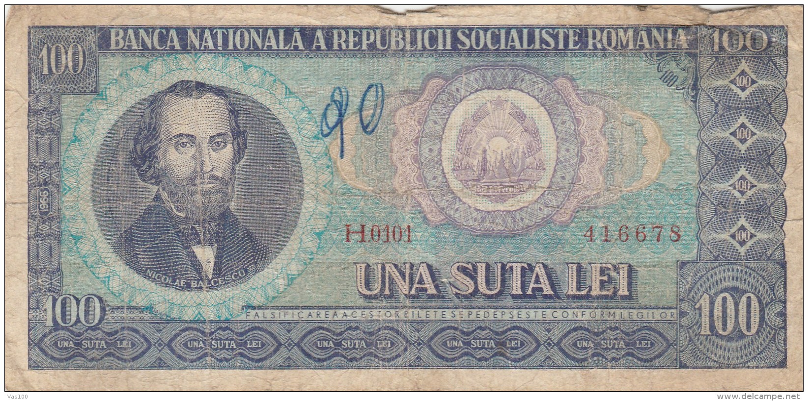 100 LEI, NICOLAE BALCESCU, SOCIALIST REPUBLIC OF ROMANIA,1966,ROMANIA. - Rumänien