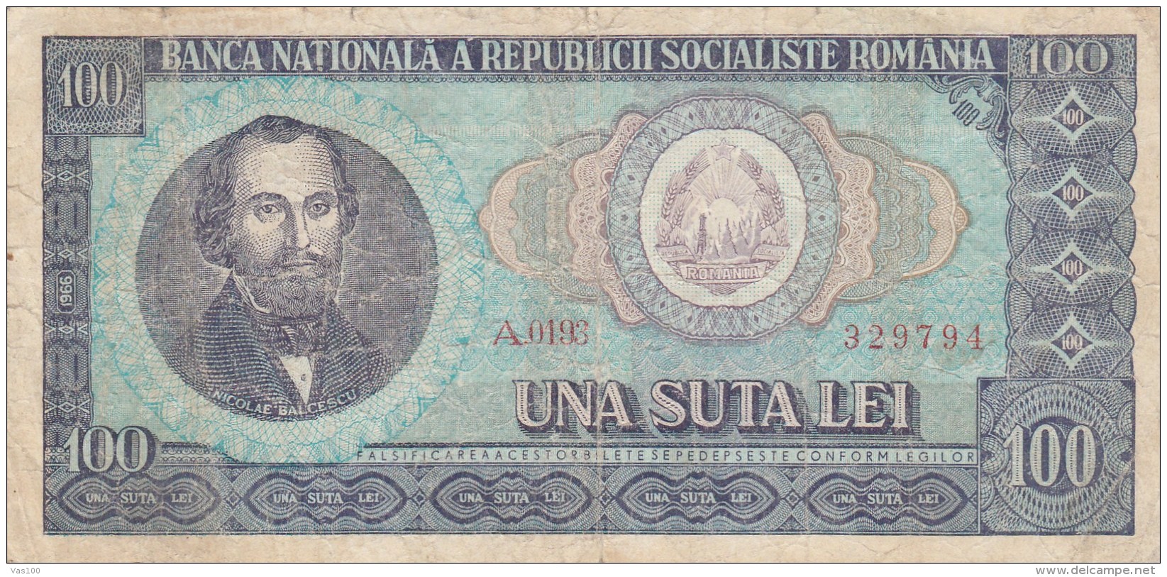 100 LEI, NICOLAE BALCESCU, SOCIALIST REPUBLIC OF ROMANIA,1966,ROMANIA. - Roemenië