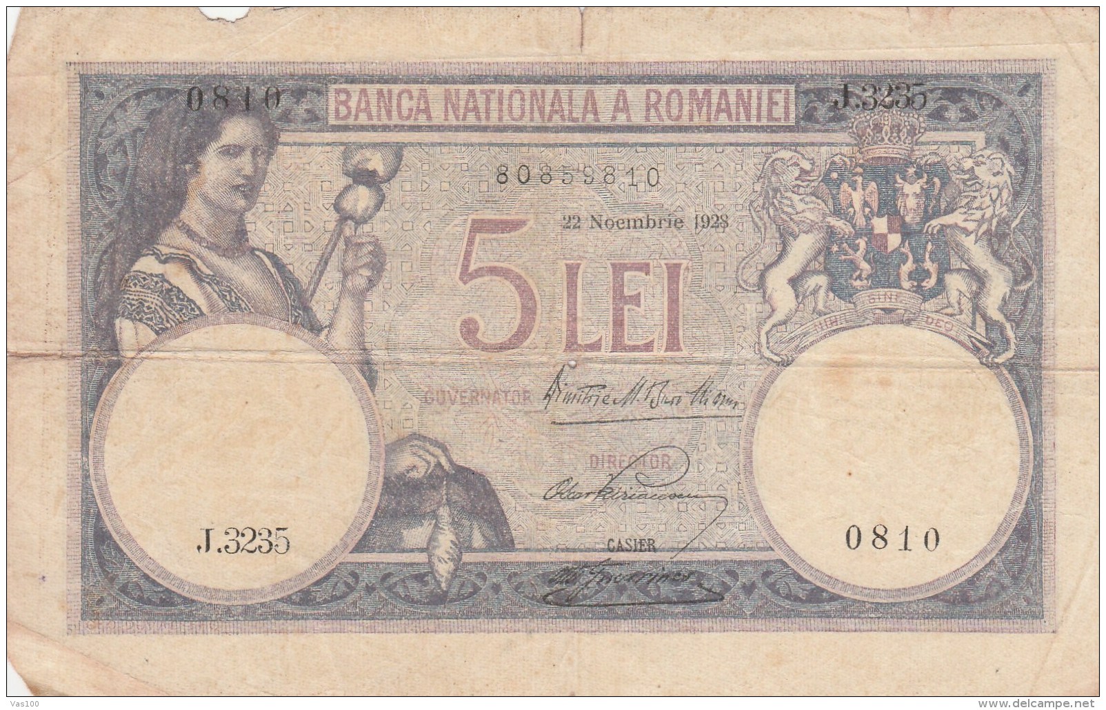 5 LEI, COAT OF ARMS, 1928, PAPER BANKNOTE,ROMANIA. - Roemenië