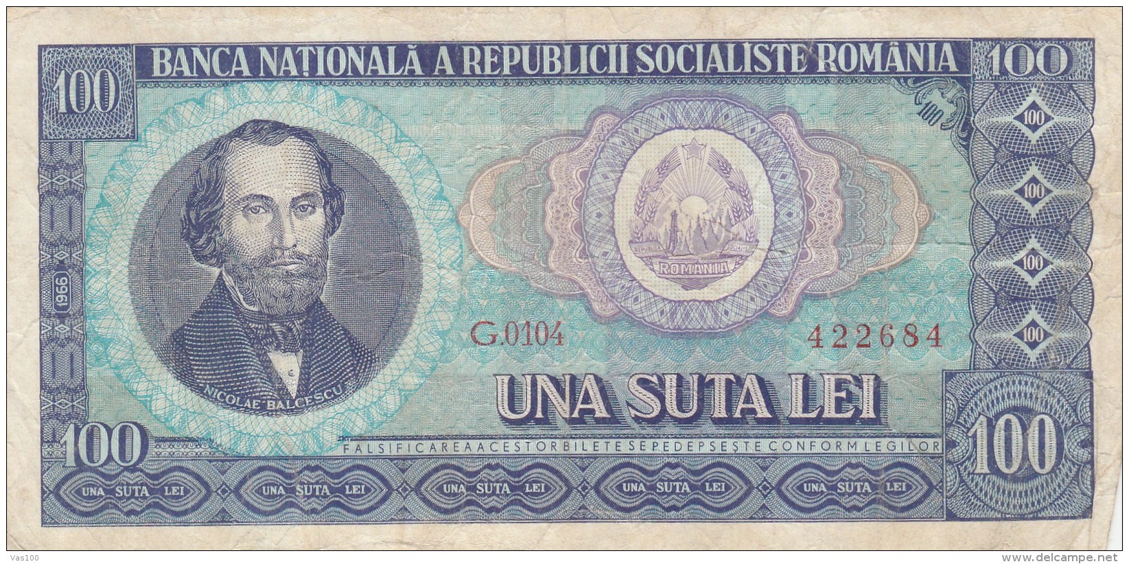 100 LEI, NICOLAE BALCESCU, 1966, PAPER BANKNOTE,ROMANIA. - Roemenië