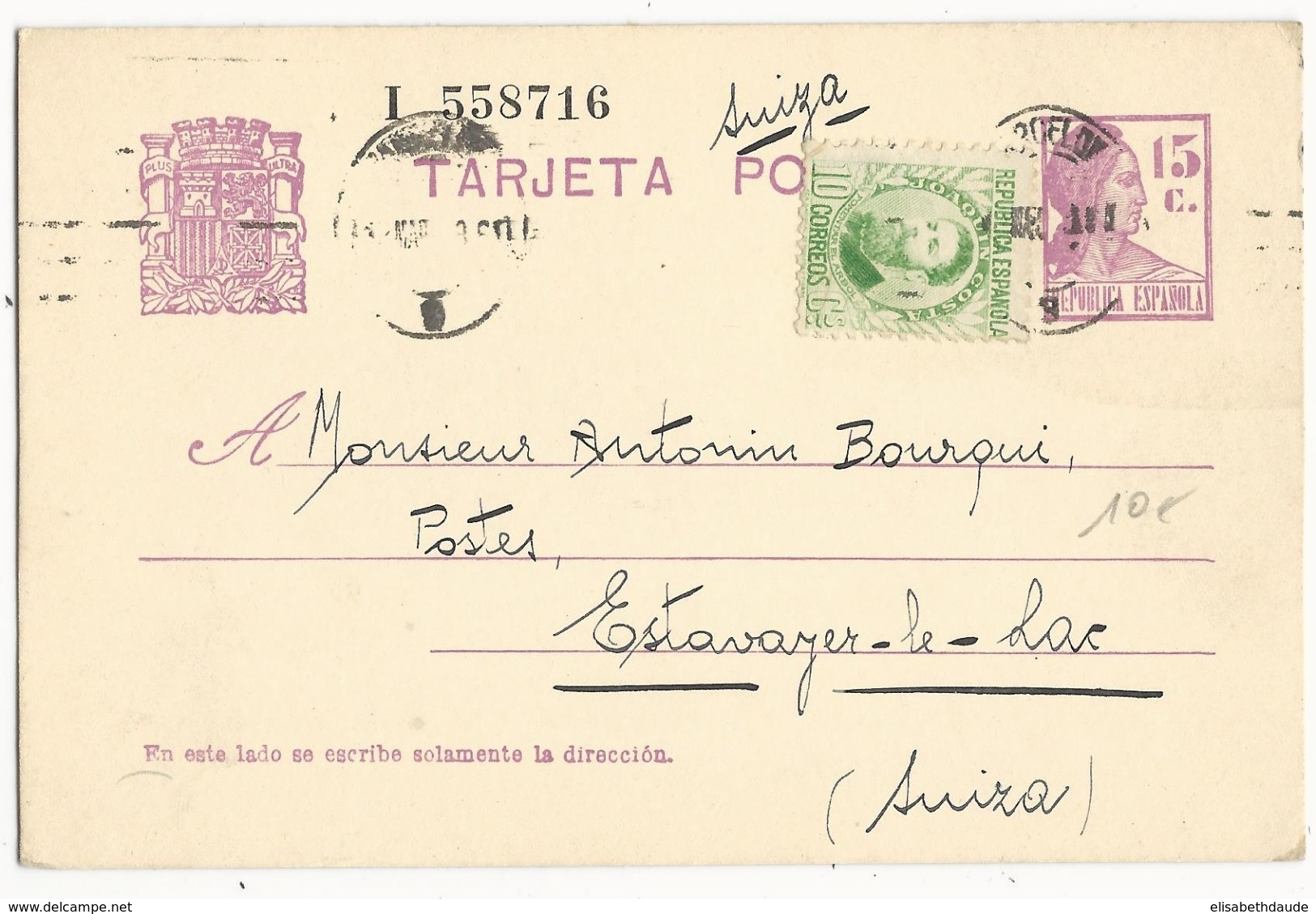 ESPAGNE - 1936 - CARTE ENTIER POSTAL De BARCELONA  => ESTAVAYER LE LAC (SUISSE) - 1931-....