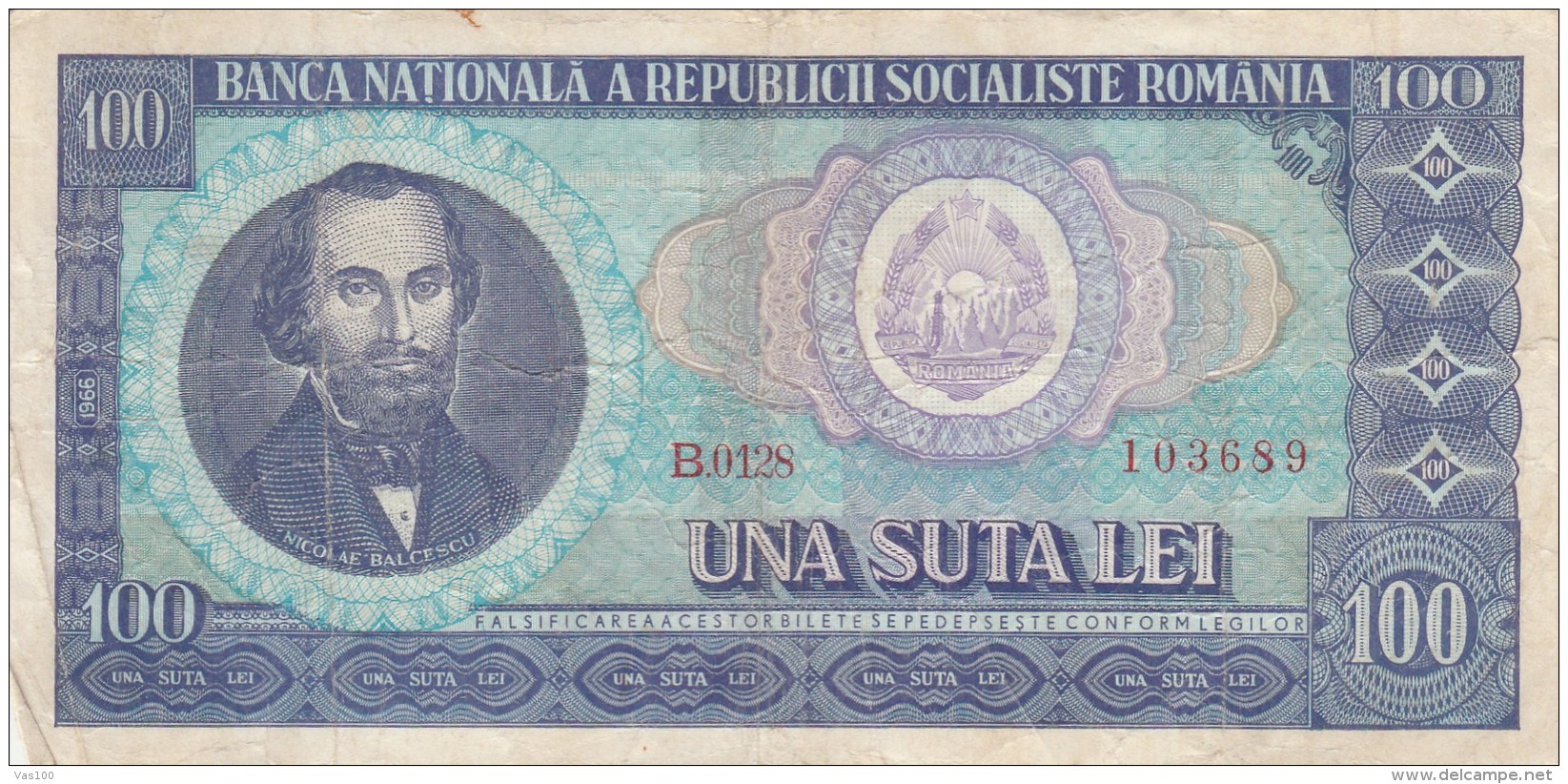 100 LEI, NICOLAE BALCESCU, 1966, PAPER BANKNOTE,ROMANIA. - Romania