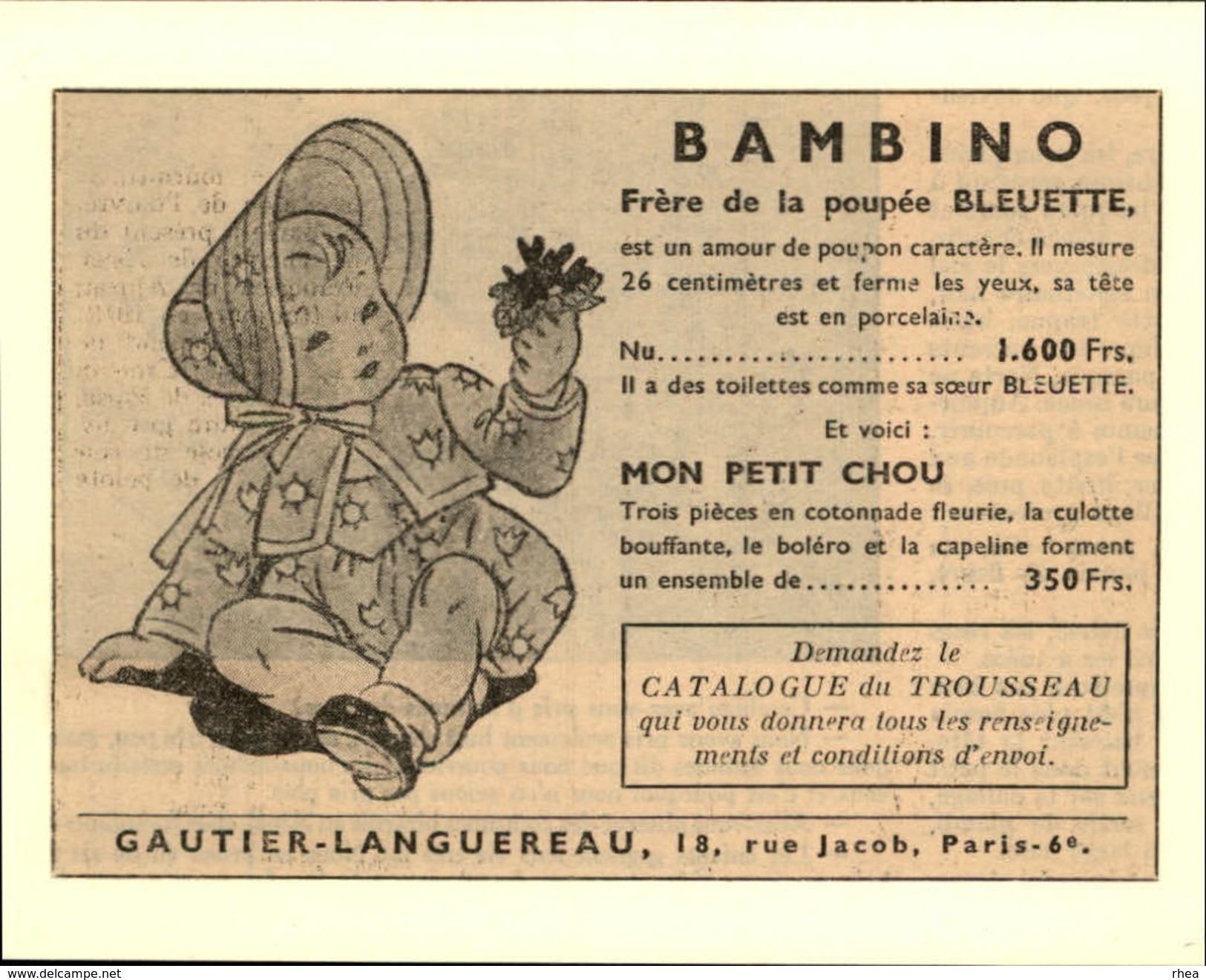 POUPEES - Publicité Issue D'une Revue De 1951 Et Collée Sur Carton - BAMBINO - Publicités